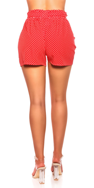 hoge taille stof-shorts met polka stippen en riem rood